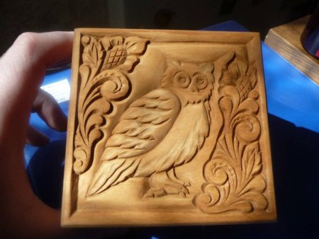 Плоскорельефная резьба по дереву Сова