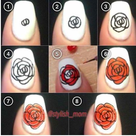 Пошаговое рисование розы на ногтях