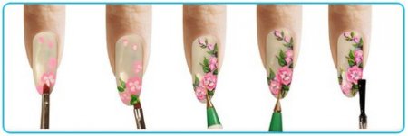 Цветы тонкой кистью на ногтях