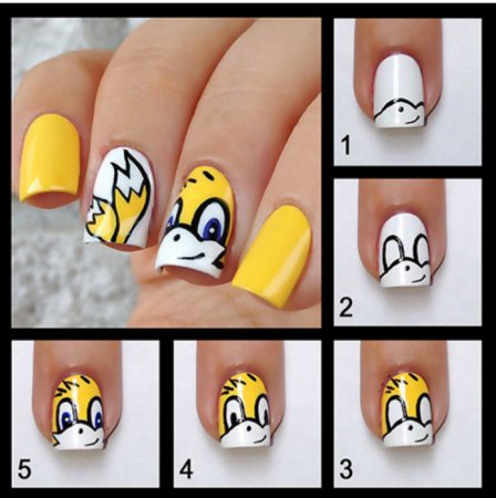 Поэтапные рисунки на ногтях мультяшки