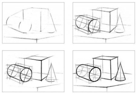 Этапы построение натюрморта из геометрических тел
