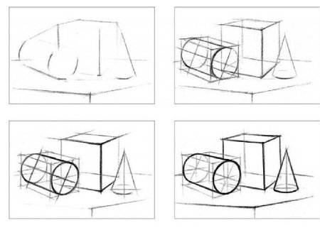 Этапы построение натюрморта из геометрических тел