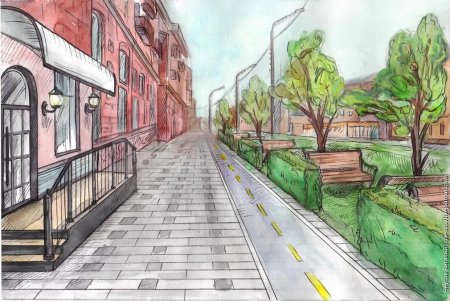 Линейная перспектива (дорога, столбы, дома), карандаш