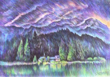 Пейзаж шариковой ручкой