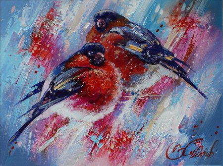 Снегири живопись маслом