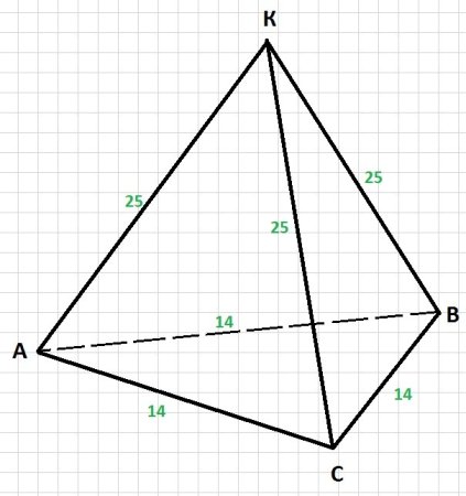 Стороны основания правильной треугольной пирамиды равны 14