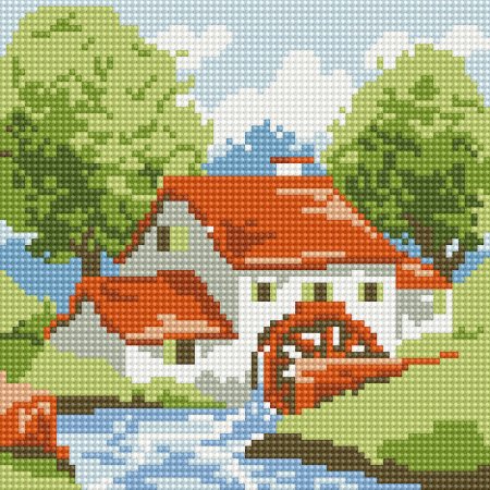 Вышивка домик с мельницей