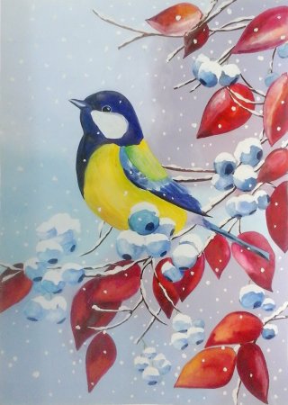 Рисование птицы зимой