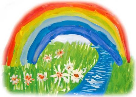 Пейзаж с радугой цветными карандашами