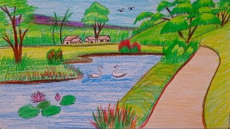 Летний пейзаж цветными карандашами