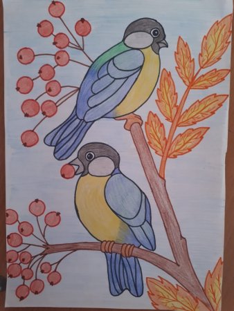 Рисование синичка на дереве