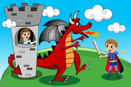 Принцесса в башне с драконом и рыцарь