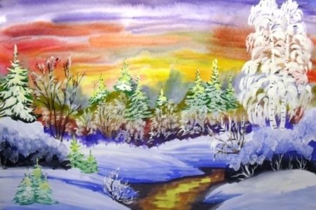 Зимний пейзаж гуашью для детей