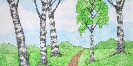 Пейзаж с березой 1 класс рисунок