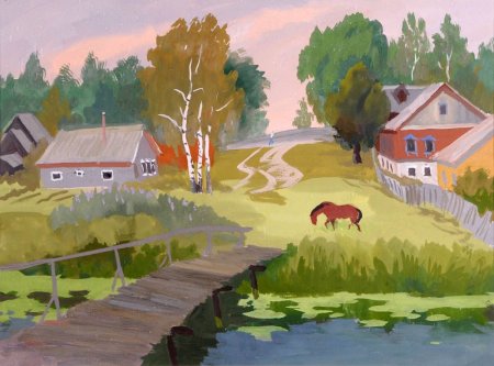 Деревенский пейзаж гуашью