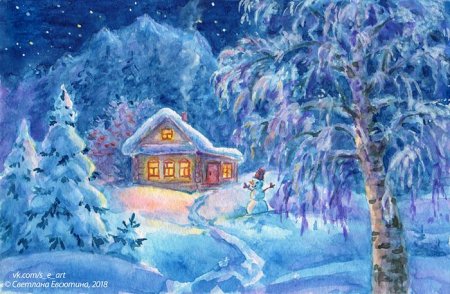 Зимний домик гуашью