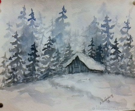 Зимний пейзаж гризайль акварелью