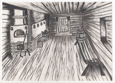 Интерьер русской избы карандашом