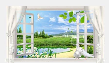 Фотообои вид из окна со шторами