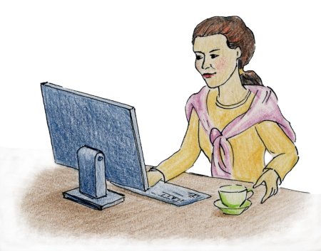 Женщина сидит за компьютером рисунок