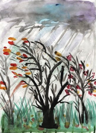 Осенний лес восковыми мелками