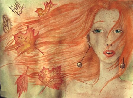 Рыжая девушка осень акварель