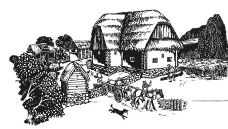 Средневековая деревня карандашный набросок мельница кузница