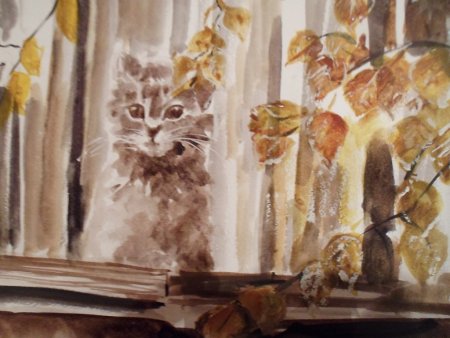 Рыжий кот с осенью живопись