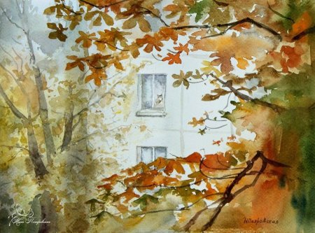 Вид из окна осень акварель