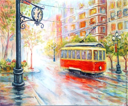 Городской пейзаж с трамваем