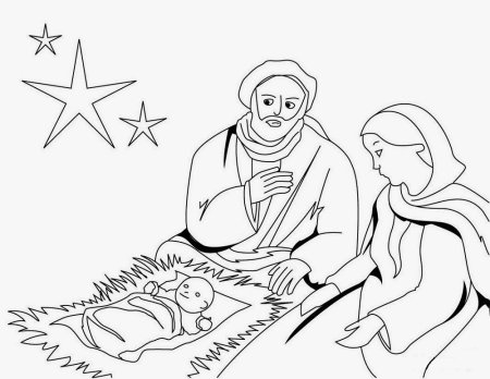 Иосиф и Мария в вертепе раскраска