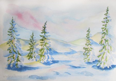 Зимний пейзаж акварелью для детей 5 лет