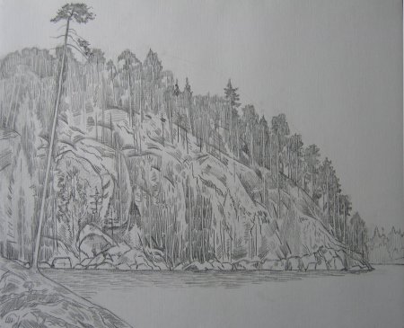 Лес с речкой карандашом