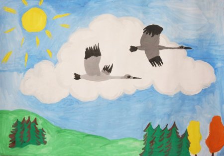 Рисование улетают Журавли