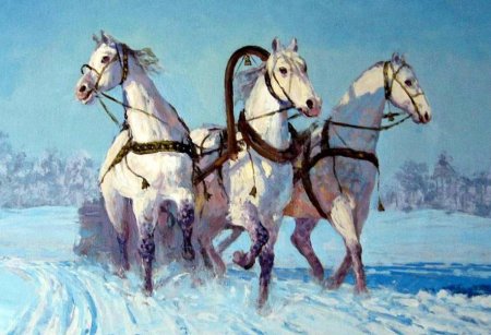 Рисунок тройка лошадей с санями