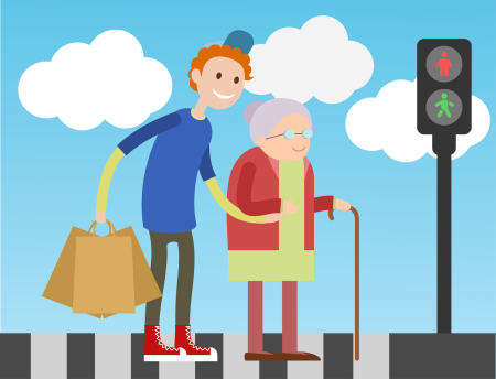 Переводит бабушку через дорогу