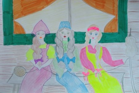 Три девицы под окном пряли поздно вечерком рисунок