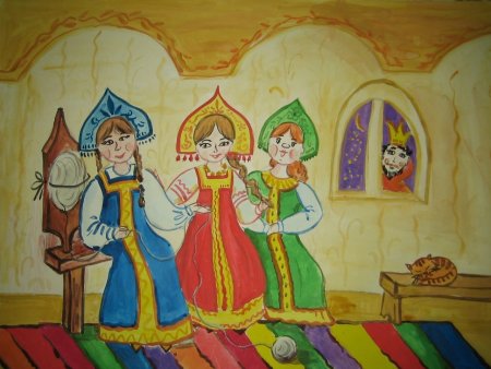 Сказки Пушкина рисунок три девицы под окном