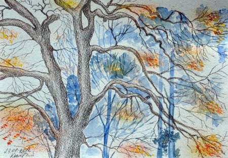 Осенний пейзаж цветными карандашами