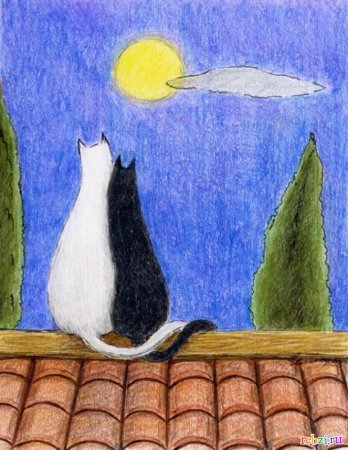 Рисование кот на крыше