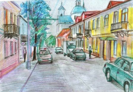 Городской пейзаж цветными карандашами