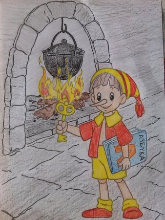 Буратино рисунок детский