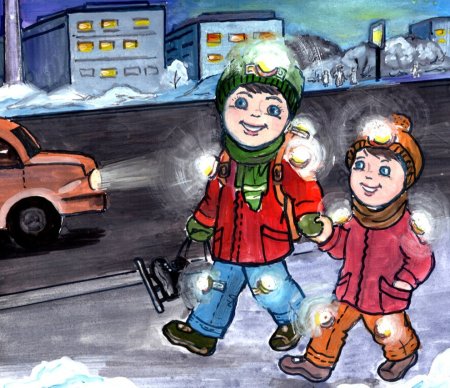 Дети переходят дорогу зимой