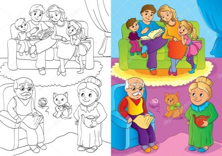 Раскраска семья с бабушкой и дедушкой