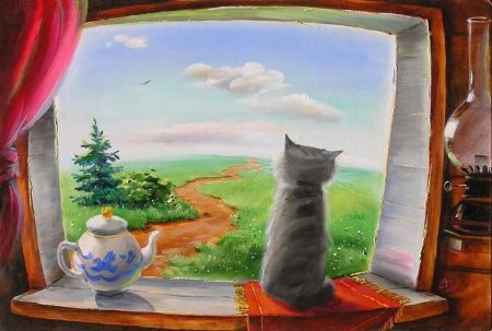 Кот на подоконнике живопись