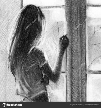 Девушка у окна карандашом