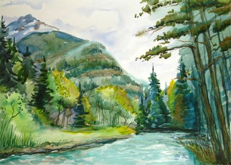 Горный пейзаж акварелью