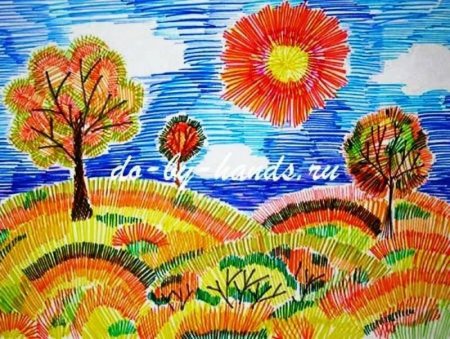 Пейзаж фломастерами и карандашами