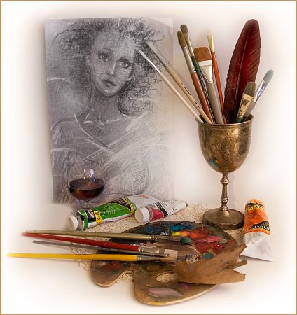 Натюрморт с красками и кистями