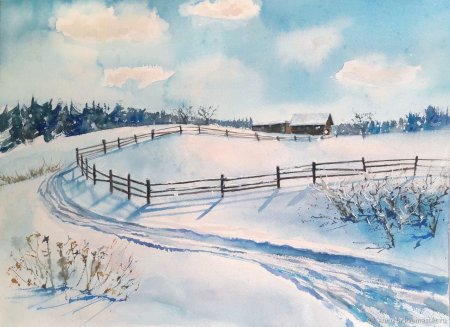 Акварель деревня зимой